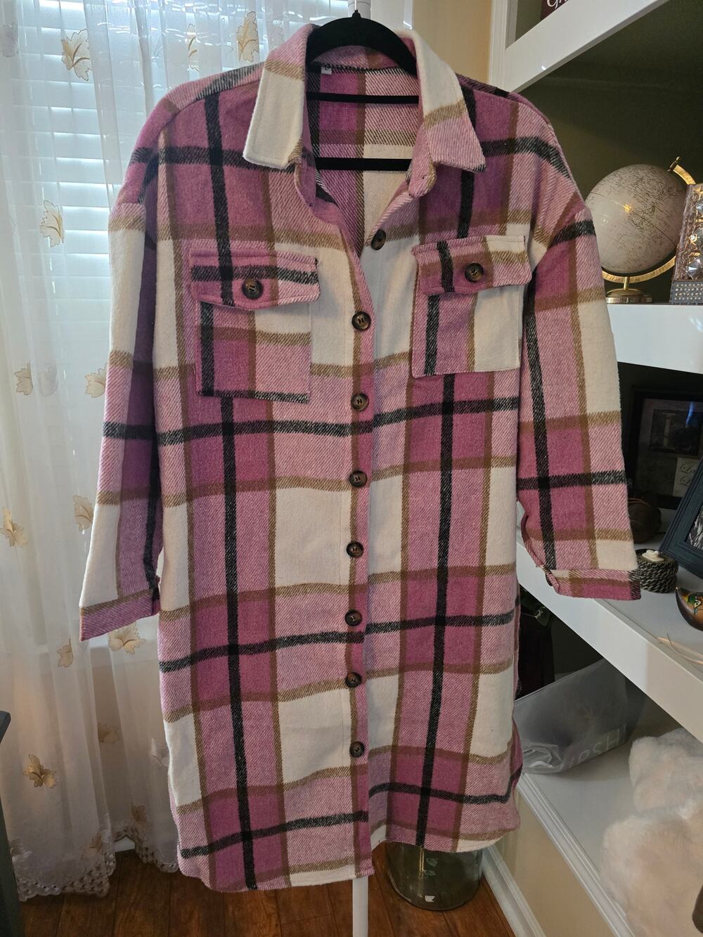 Women's Pink Plaid Longline Shacket Button Front Shirt Jacket Chest Pockets